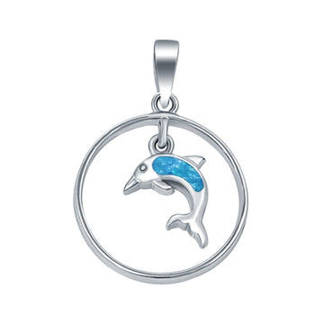 Dolphin Charm Pendant Lab Created Blue Opal Round 925 Sterling Silver